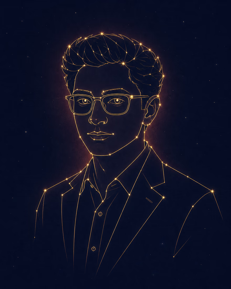 Portrait of Eduardo Rubén drawn as a golden constellation on a night sky