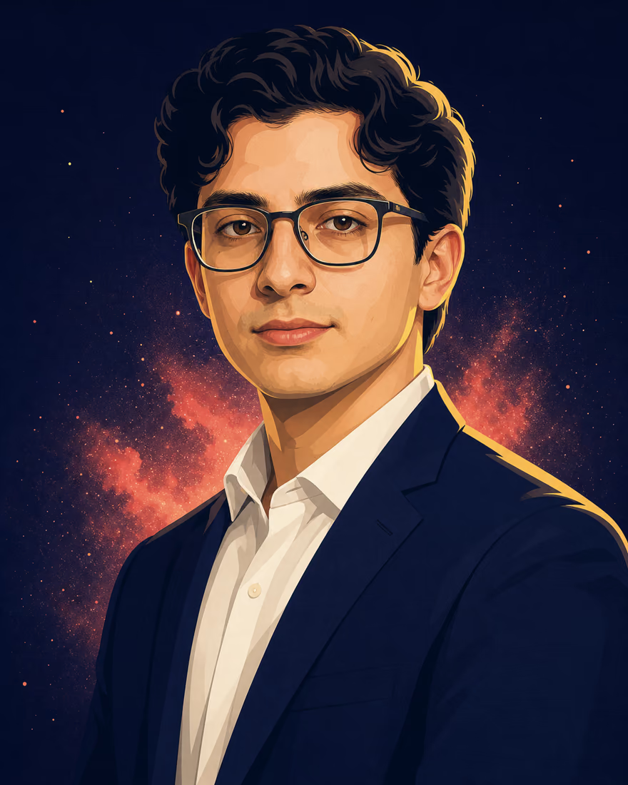 Illustrated portrait of Eduardo Rubén Bernal Puente in a navy blazer against a nebula